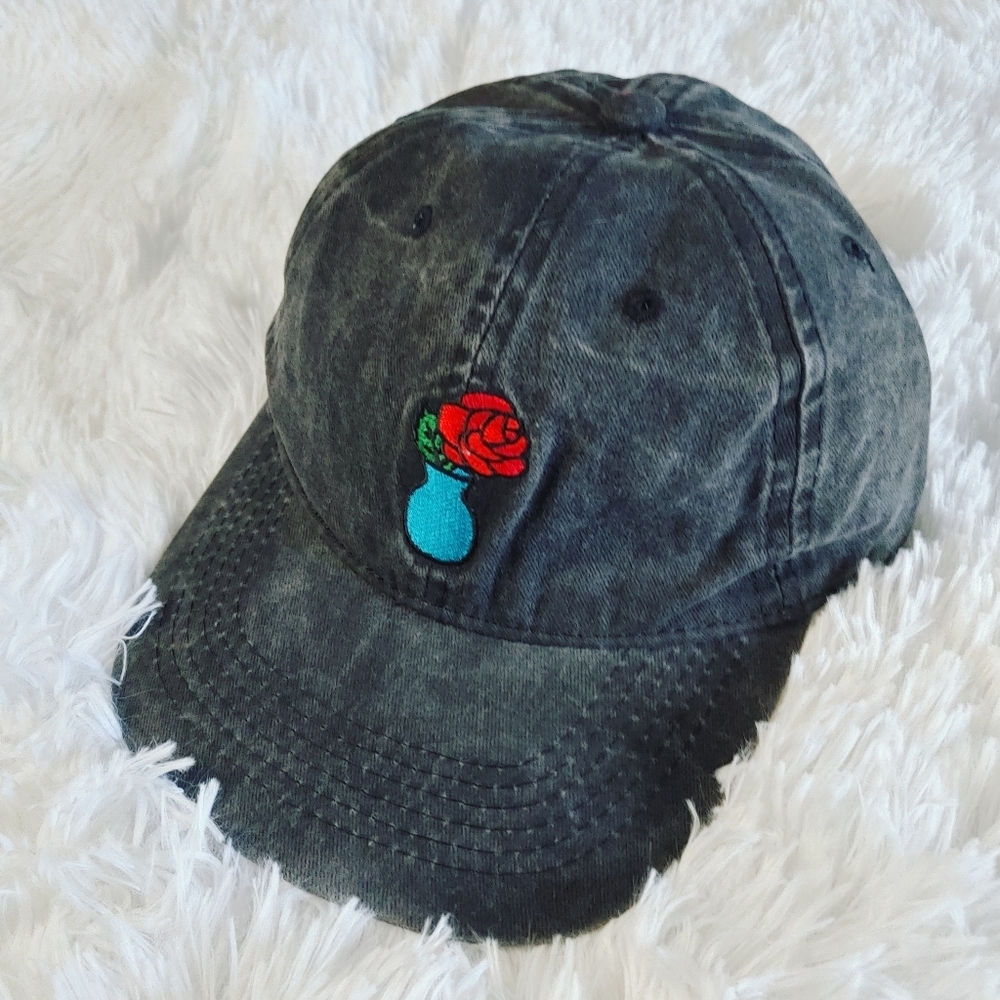Distressed & Faded Ball Cap with Embroidered Rose Patch, Adjustable, Bla…